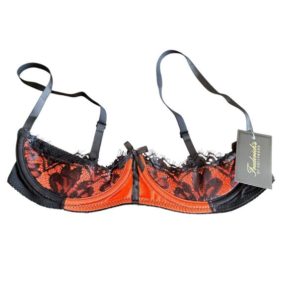 Fredericks of Hollywood Open Cup Bra SMALL 12 32C 34B Lux Satin Orange Lace Sexy - Picture 3 of 10